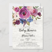 Invitation Baby shower Floral Plum Bleu Rustique (Devant)