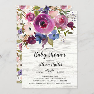Invitation Baby shower Floral Plum Bleu Rustique