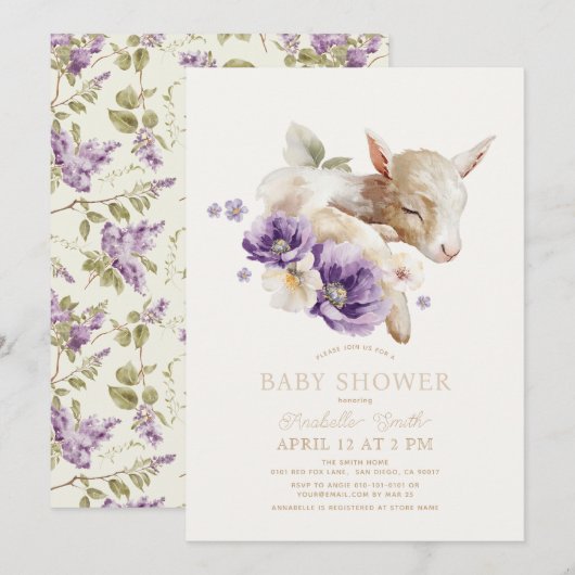 Invitation Baby shower floral pourpre de chèvre de bébé (Devant / Derrière)