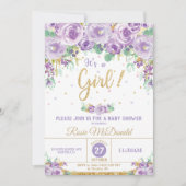 Invitation Baby shower floral pourpre de fleurs c'est une (Devant)
