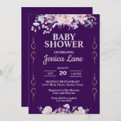 Invitation Baby shower floral pourpre foncé (Devant / Derrière)