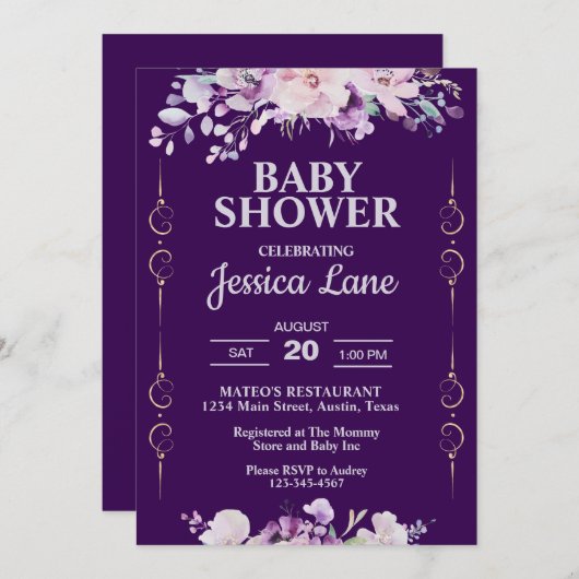 Invitation Baby shower floral pourpre foncé (Devant / Derrière)