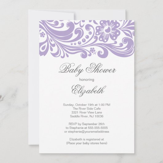 Invitation Baby shower floral pourpre mou moderne de remous (Devant)