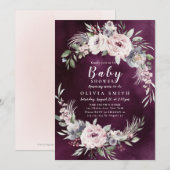 Invitation Baby shower floral prune et boho rose poussiéreux (Devant / Derrière)