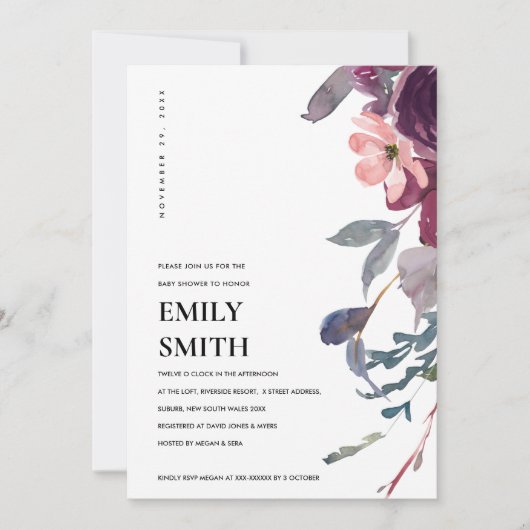 INVITATION BABY SHOWER FLORAL PURPLE LILAC DOUX (Devant)