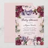 Invitation Baby shower Floral Purple Rose Bourgogne (Devant / Derrière)