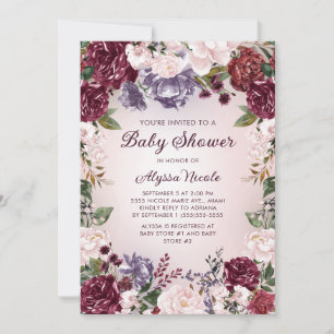 Invitation Baby shower Floral Purple Rose Bourgogne