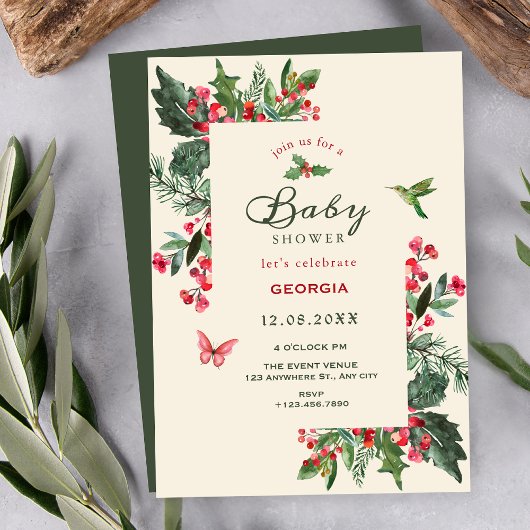 Invitation Baby shower floral ramée de baies