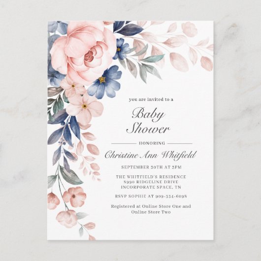 Invitation Baby shower Floral Rose (Devant)