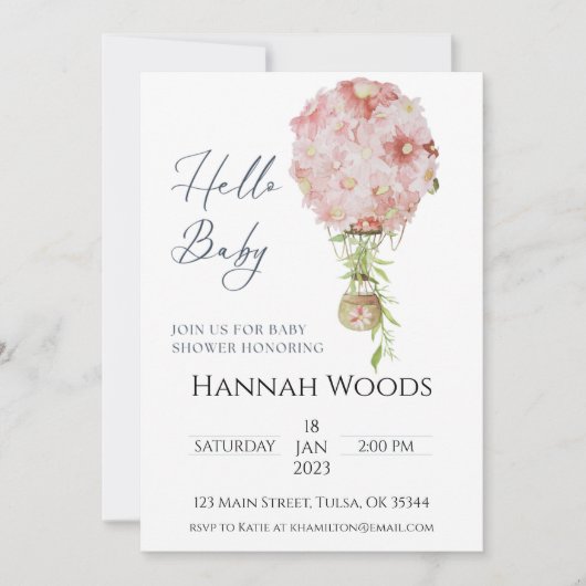 Invitation Baby shower floral rose à bulle d'air chaud (Devant)
