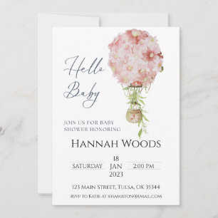 Invitation Baby shower floral rose à bulle d'air chaud