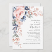 Invitation Baby shower Floral Rose Aquarelle Script Verdure (Devant)