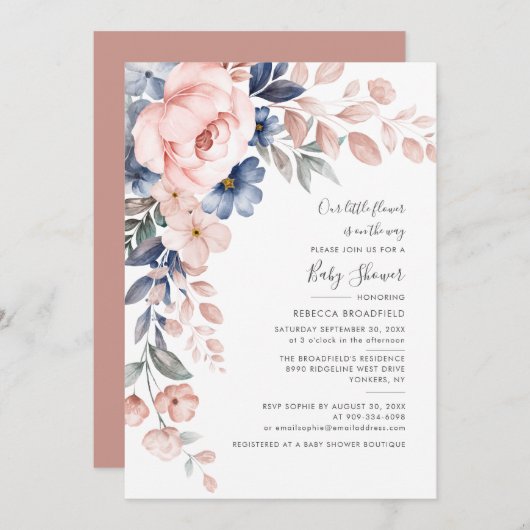 Invitation Baby shower Floral Rose Aquarelle Script Verdure (Devant / Derrière)