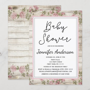 Invitation Baby shower floral rose bois rustique