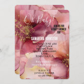 Invitation Baby shower floral rose bordeaux doré (Devant / Derrière)