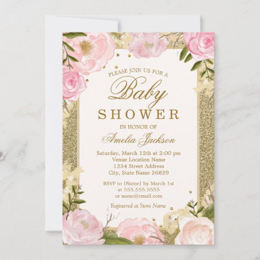 Invitation Baby shower floral rose brillant (Devant)
