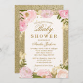 Invitation Baby shower floral rose brillant (Devant / Derrière)