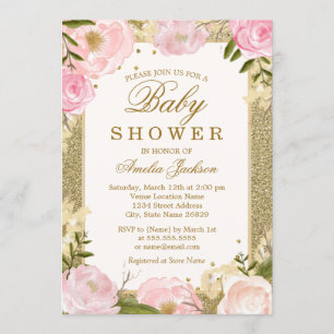 Invitation Baby shower floral rose brillant