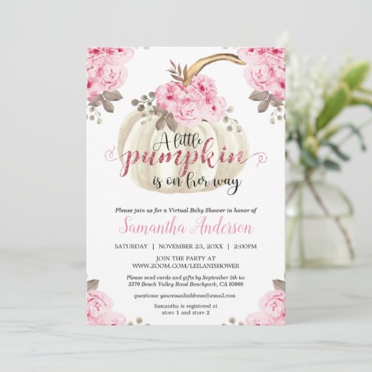 Invitation Baby shower floral rose Citrouille virtuel (Debout devant)