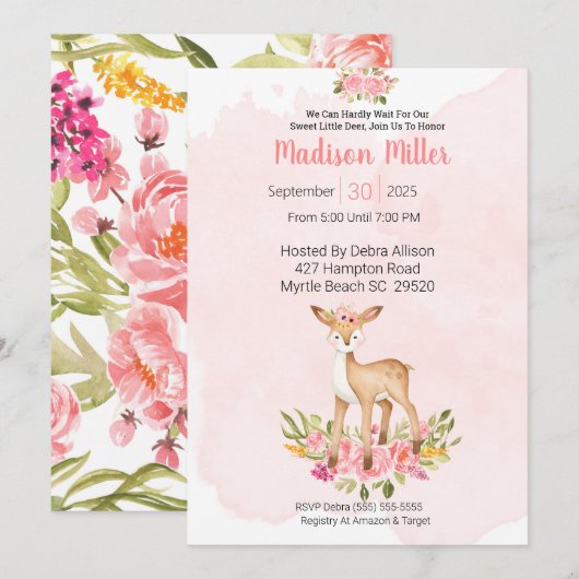 Invitation Baby shower Floral rose de cerfs de bois (Devant / Derrière)