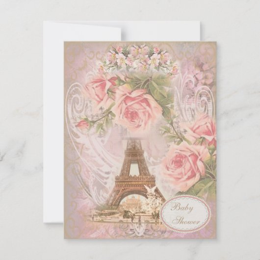 Invitation Baby shower floral rose de la tour Eiffel de Shabb (Devant)