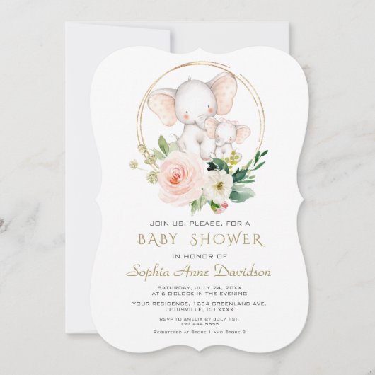 Invitation Baby shower floral rose d'éléphant de charme (Devant)