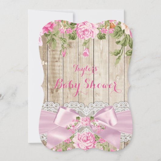 Invitation Baby shower Floral rose dentelle de bois rustique (Devant)