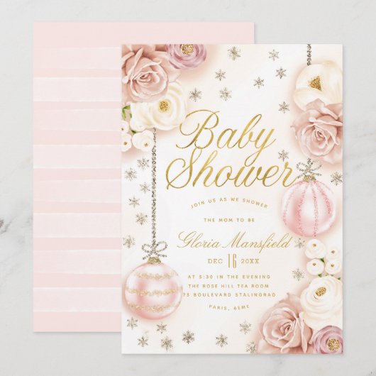 Invitation Baby shower floral rose d'hiver (Devant / Derrière)