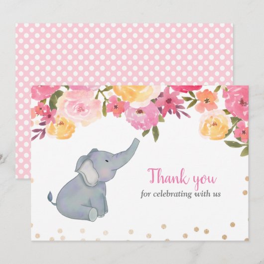 Invitation Baby shower floral rose éléphant (Devant / Derrière)