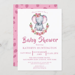 Invitation Baby shower Floral rose Eléphant mignon