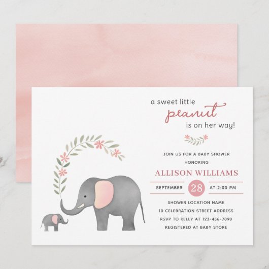 Invitation Baby shower floral rose éléphant moderne fille (Devant / Derrière)