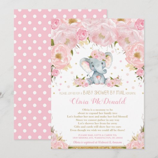 Invitation Baby shower floral rose éléphant par Mail Girl (Devant / Derrière)