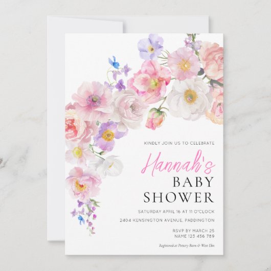 Invitation Baby shower Floral rose Eloise (Devant)