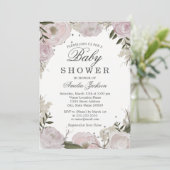 Invitation Baby shower floral rose en argent (Debout devant)