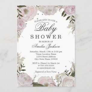 Invitation Baby shower floral rose en argent