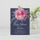 Invitation Baby shower floral rose et argenté Navy (Debout devant)