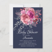 Invitation Baby shower floral rose et argenté Navy (Devant)