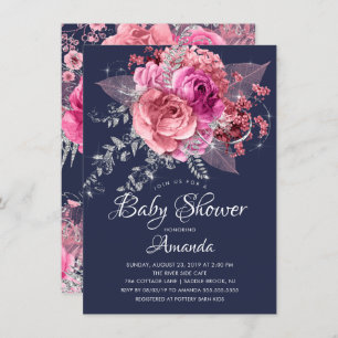 Invitation Baby shower floral rose et argenté Navy