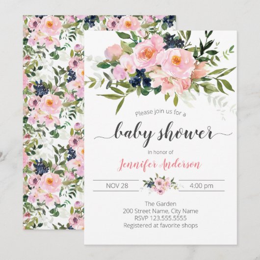 Invitation Baby shower Floral rose et bleu (Devant / Derrière)