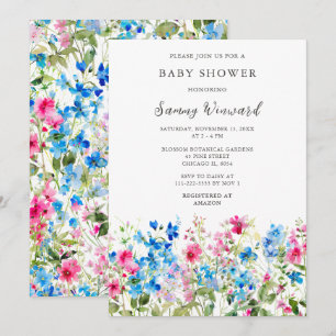 Invitation Baby shower floral rose et bleu fleur sauvage