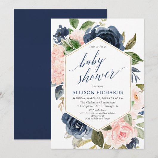Invitation Baby shower floral rose et bleu marine (Devant / Derrière)