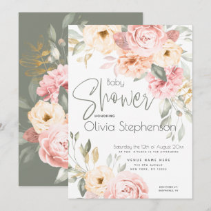 Invitation Baby shower floral rose et ivoire