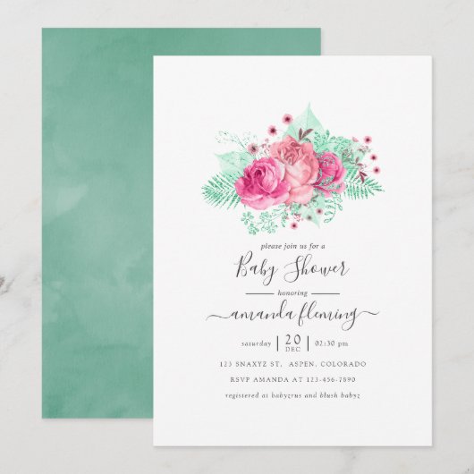 Invitation Baby shower floral rose et menthe (Devant / Derrière)