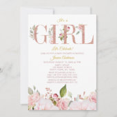 Invitation Baby shower floral rose et Rose or (Devant)
