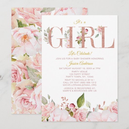 Invitation Baby shower floral rose et Rose or (Devant / Derrière)