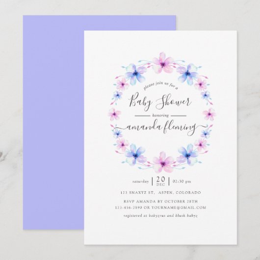 Invitation Baby shower floral rose et violet pastel (Devant / Derrière)