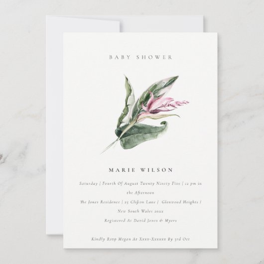 Invitation Baby shower floral rose feuillu tropical minimal (Devant)