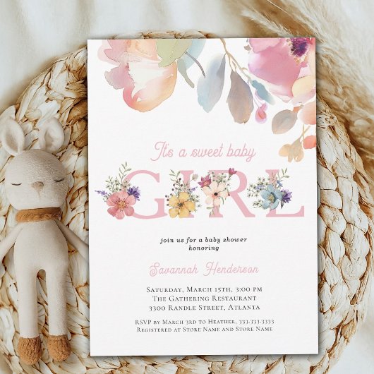 Invitation Baby shower floral rose fille