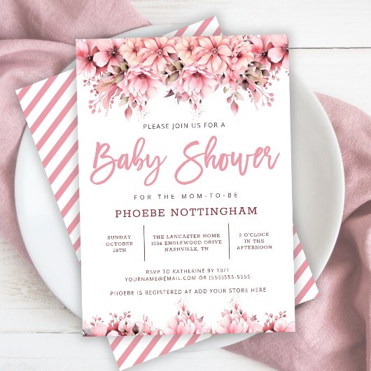 Invitation Baby shower floral rose fille