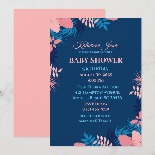 Invitation Baby shower floral rose marine (Devant / Derrière)
